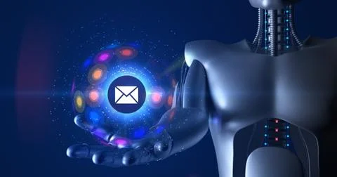 Futuristic humanoid robot holding 3d email symbol. Technology related 3D Render. Stock Illustration