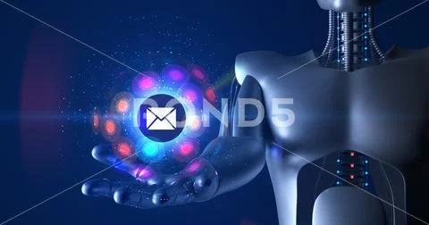 Futuristic humanoid robot holding 3d email symbol. Technology related 3D Render. Stock Illustration
