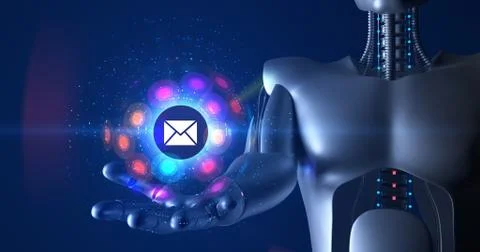 Futuristic humanoid robot holding 3d email symbol. Technology related 3D Render. Illustrazione stock