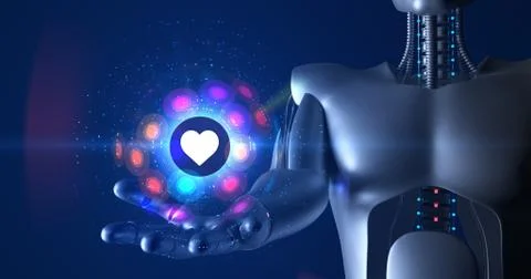 Futuristic humanoid robot holding 3d heart symbol. Technology related 3D Render. Stock Illustration