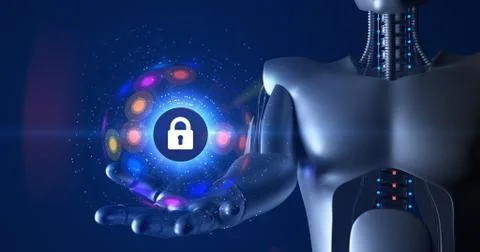 Futuristic humanoid robot holding 3d lock symbol Technology related 3D Render Illustrazione stock