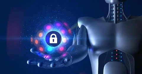 Futuristic humanoid robot holding 3d lock symbol Technology related 3D Render Stock Illustration