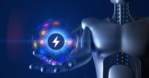 Futuristic humanoid robot holding 3d electric symbol 3D Render Stock Illustration