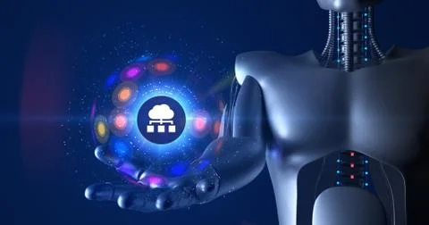 Futuristic humanoid robot holding 3d cloud computing symbol. 3D Render Stock Illustration