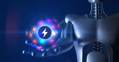 Futuristic humanoid robot holding 3d electric symbol 3D Render Stock Illustration