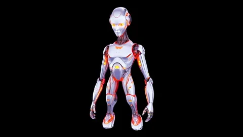 Futuristic Humanoid Robot with Red Illuminations on Black Background Stock Footage 339053929