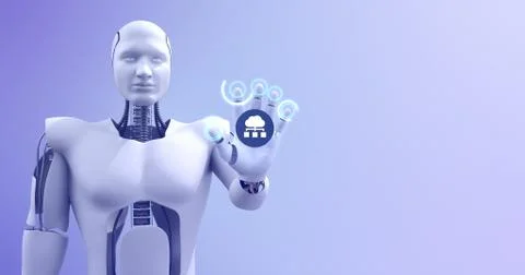 Futuristic humanoid robot showing cloud computing symbol. Technology 3D Render. Stock Illustration