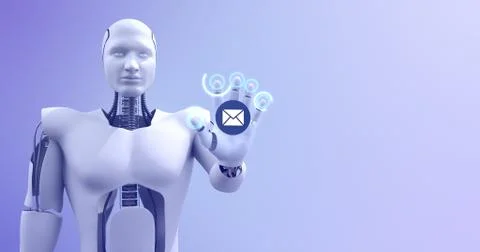 Futuristic humanoid robot showing email symbol. Technology related 3D Render. Stock Illustration