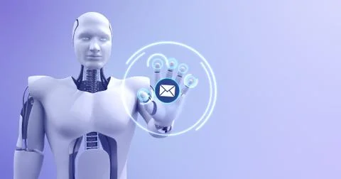 Futuristic humanoid robot showing email symbol. Technology related 3D Render. イラスト素材