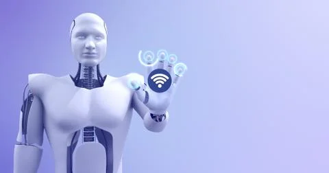 Futuristic humanoid robot showing wireless symbol. Technology related 3D Render. Illustrazione stock
