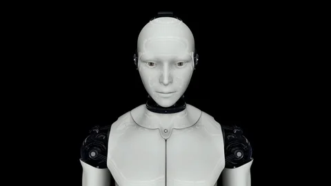 Futuristic humanoid robot turns on and raises its head. On a black background Stock Footage 126350501