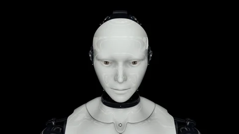 Futuristic humanoid robot turns on and raises its head. The camera takes a Stock-Footage 126350515