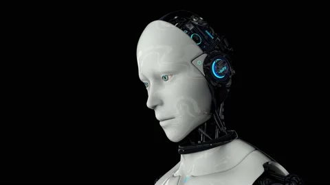 Futuristic humanoid robot turns on and raises its head. Artificial intelligence Stock Footage 130338869