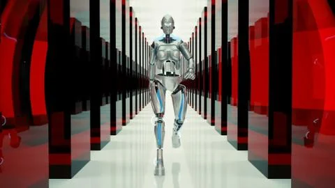 A futuristic humanoid robot, walking through a fantastic tunnel. Stock Illustration