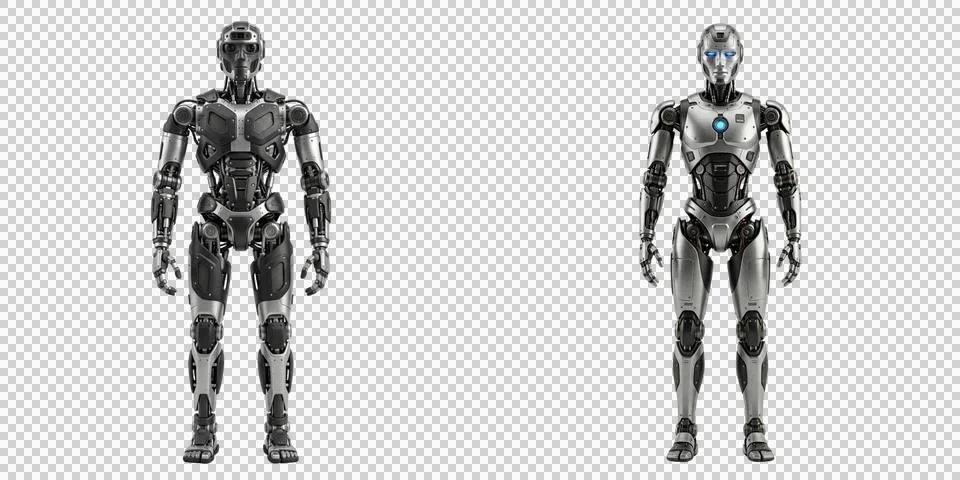 Futuristic humanoid robots, advanced androids with metallic bodies and blue.. Stock-Fotos