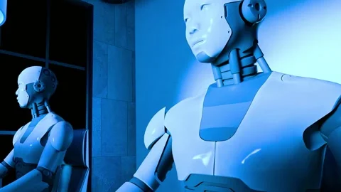Futuristic humanoid robots sitting at office desk in blue lit room Stock-Footage 342905035