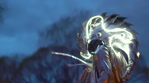 Futuristic Hunter Cyborg with Glowing Hands Stock Footage 219859512