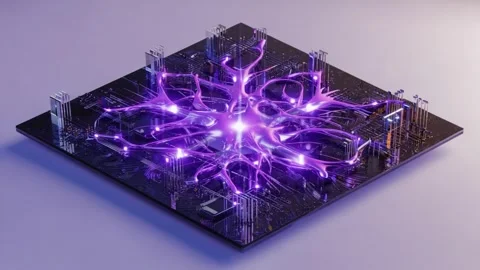 Futuristic A I neural network pulsating with glowing purple energy over a c.. Stock Footage 321340563