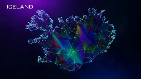 Futuristic Iceland Map Polygonal Connected Lines And Dots Network Wireframe  Illustrazione stock