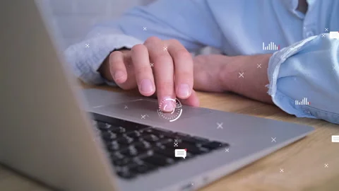 Futuristic icons. Data scientists. A human programmer who uses a laptop to analy Stock Footage 153854858