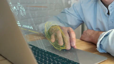 Futuristic icons. Data scientists. A human programmer who uses a laptop to analy Stock Footage 153857070