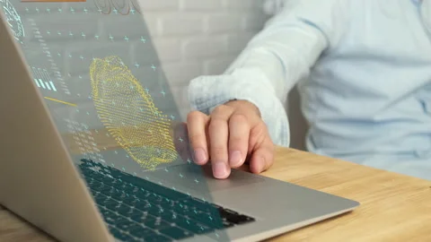 Futuristic icons. Data scientists. A human programmer who uses a laptop to analy Stock Footage 153858232
