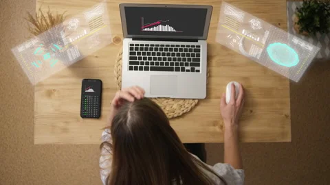 Futuristic icons. Data scientists. A programmer is a girl who uses a laptop to a Stockbeeldmateriaal 156086727