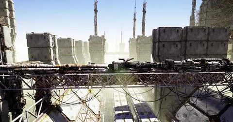Futuristic industrial landscape with towering structures and intricate detail Stockillustratie