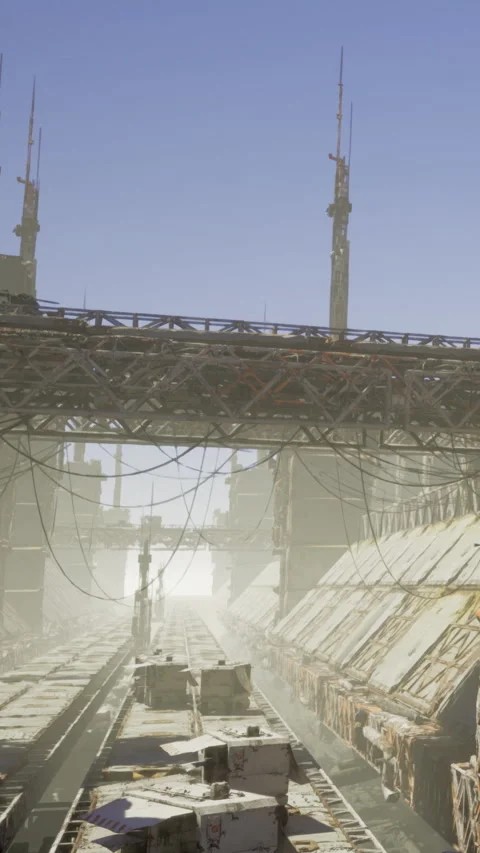 Futuristic industrial scene with structures and transport in a city area Stock Footage 332207726