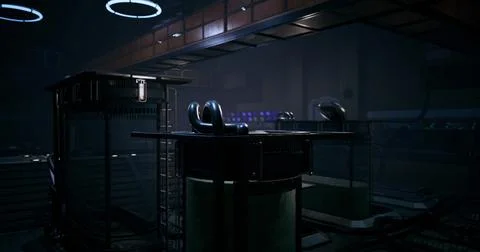 Futuristic industrial setting with complex machinery and dim lighting Stock Illustration