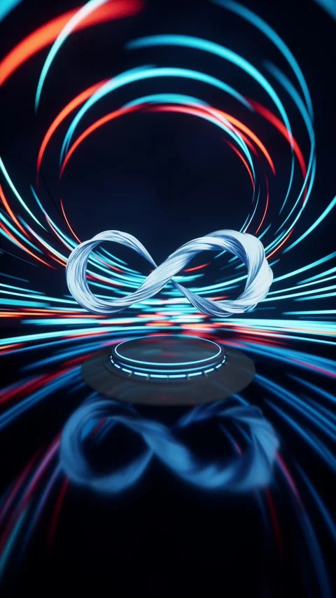 Futuristic infinity loop sculpture rotates on podium amidst swirling neon l.. Stock Footage 332230091