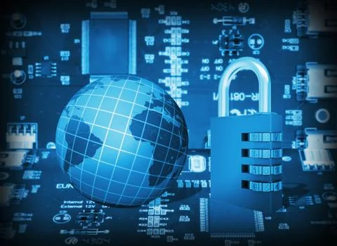 Futuristic integrated circuit, code lock and globe Illustrazione stock