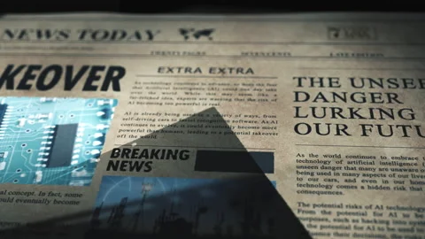 Futuristic interactive Newspaper Breaking News artificial intelligence AI Stock Footage 232363750