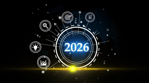 Futuristic Interface with 2026 and Tech Icons Animation Stock Footage 322963144