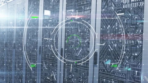 Futuristic interface and abstract pattern with server room in background Stock Footage 316217992