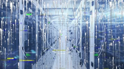 Futuristic interface and computer coding with server room in background Stock Footage 203889792