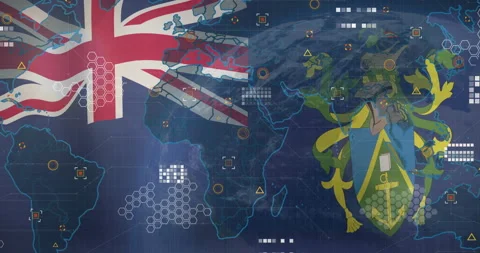 Futuristic interface animating Union Jack overlaying world map hex grid with Stockbeeldmateriaal 309287957