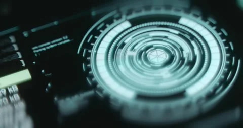 Futuristic interface with code like text and a glowing circular holographic Stock Footage 314457687