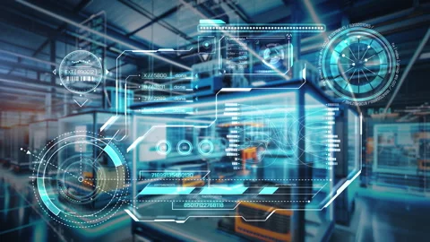 Futuristic interface controlling automated production line in smart factory Stock Footage 297325052