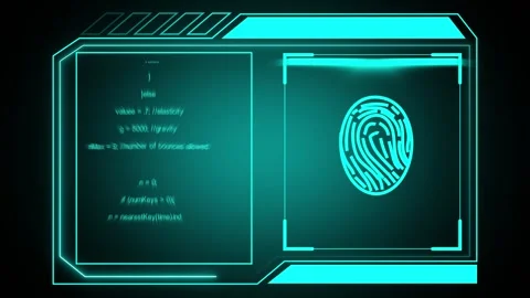 Futuristic interface with cyan code and fingerprint scan. Fingerprint scan .. Stock Footage 337369087