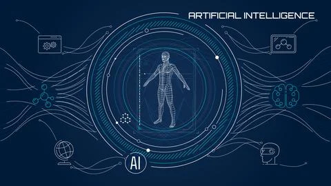 Futuristic interface design with a 3D human model. Stock Illustration