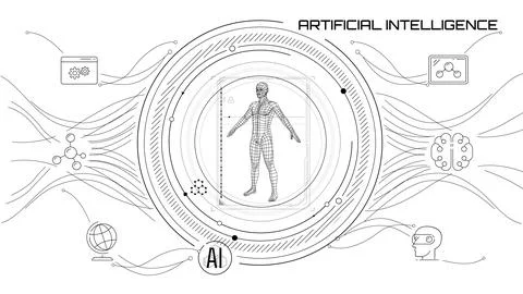 Futuristic interface design with a 3D human model. Stock Illustration