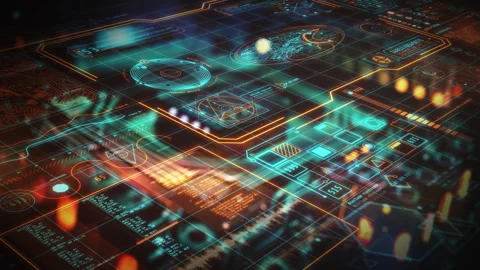 Futuristic interface displaying complex data analysis and processing information Stock Footage 306091829