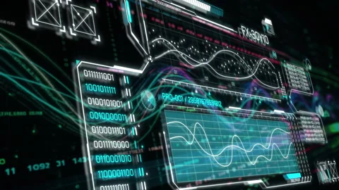 Futuristic interface displaying complex data analysis with charts Видео 316652986