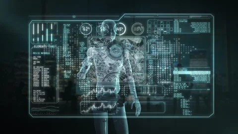 Futuristic interface displaying data analysis on a virtual screen with a map Stock Footage 311971446