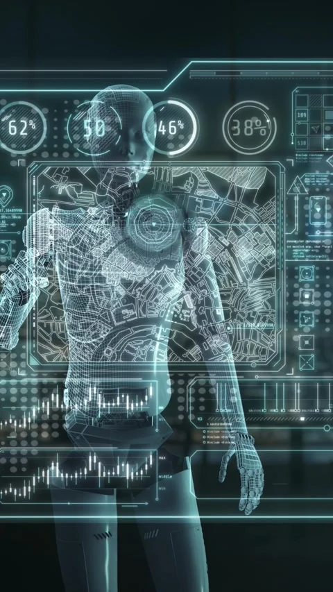 Futuristic interface displaying data analysis on a virtual screen with a map Stock Footage 343785840