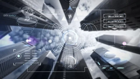 Futuristic interface displaying data and searching through city buildings Видео 302433253