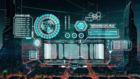 Futuristic interface displaying data over a night cityscape Stock Footage 312877302