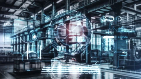 Futuristic interface displaying data in a warehouse setting 스톡 동영상 303781929