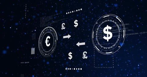 Futuristic interface displaying floating Euro and Dollar icons and exchange Stock Photos